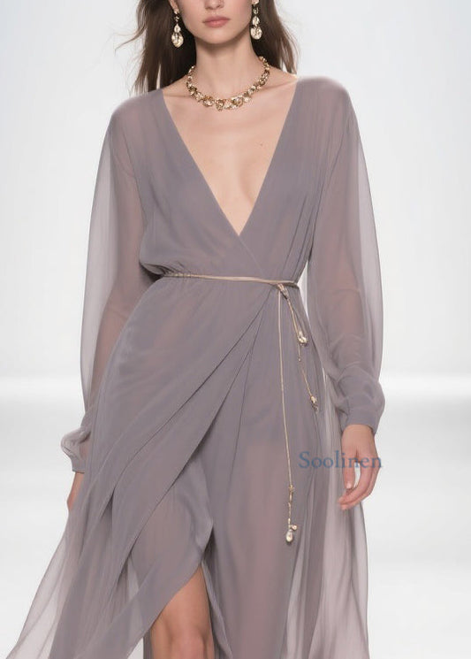 Slim Fit Grey V Neck Side Open Chiffon Long Dress