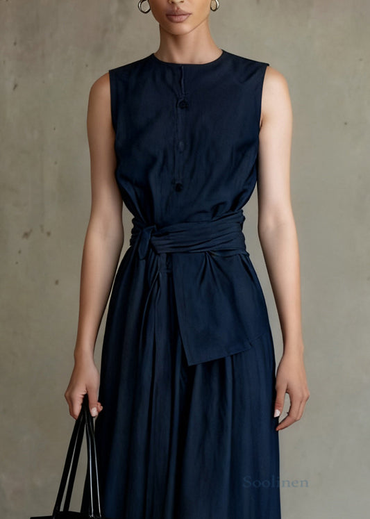 Slim Fit Navy Tie Waist Tops And Skirts Denim Two Piece Set Sleeveless