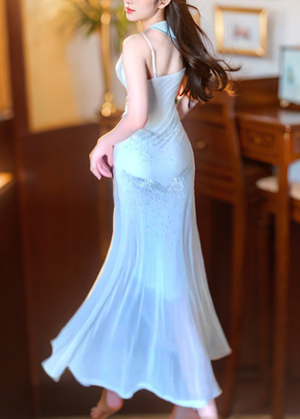 Slim Fit White Zircon Tunic Long Spaghetti Strap Dress Sleeveless