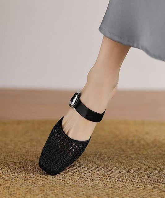Soft Chunky Sandals Beige Hollow Out Knit Fabric
