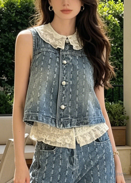 Style Blue Jacquard Patchwork Lace Denim Two Pieces Set Sleeveless