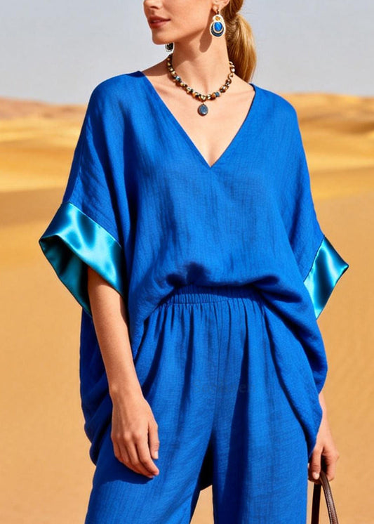 Style Blue Oversized Patchwork Cotton Two Piece Set Summer