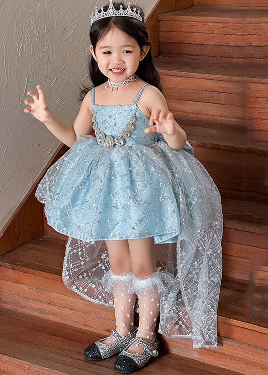 Style Blue Patchwork Square Tulle Kids Mid Sundress Sleeveless