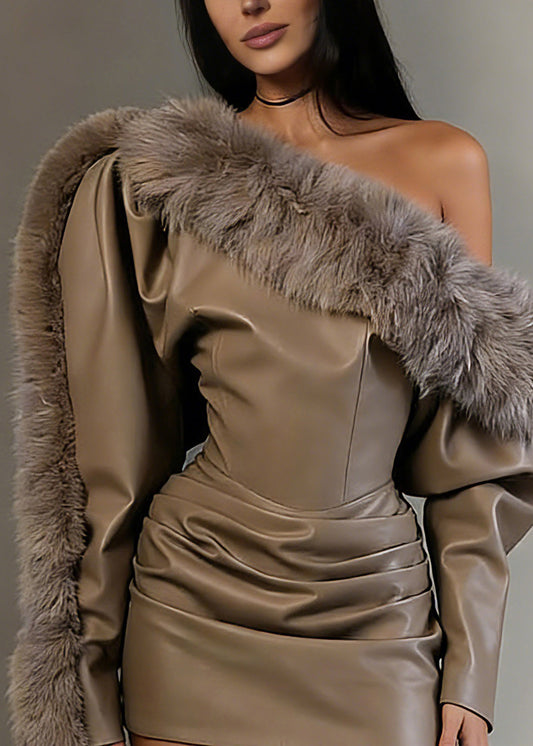 Style Brown Fur Collar Asymmetrical PU Patchwork Mid Dress Spring