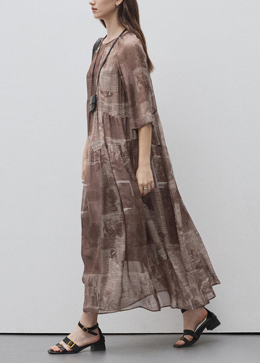 Style Brown O Neck Print Patchwork Silk Long Dress Summer