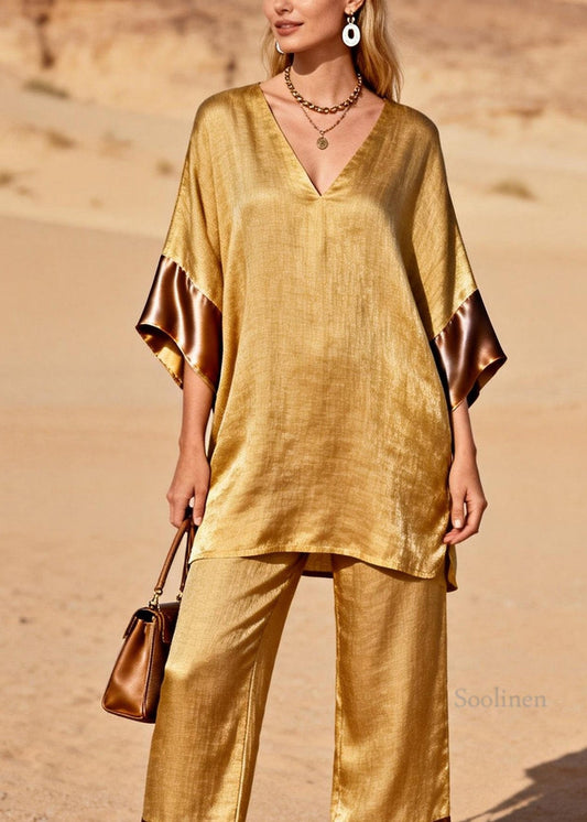 Style Gold V Neck Silk Patchwork Linen 2 Piece Outfit Summer