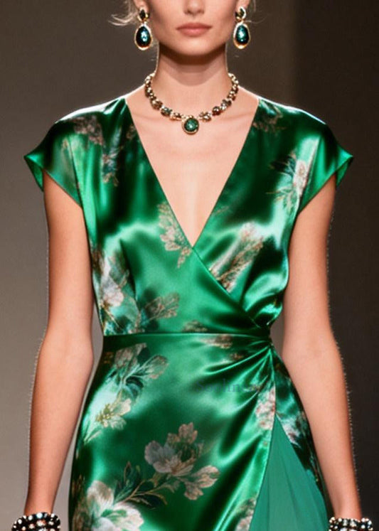 Style Tea Green Print Patchwork Silk Long Dress Summer