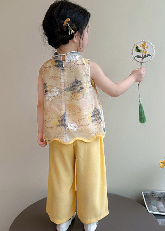Style Yellow Stand Collar Print Girls Top And Wide Leg Pants Two Pieces Set Sleeveless