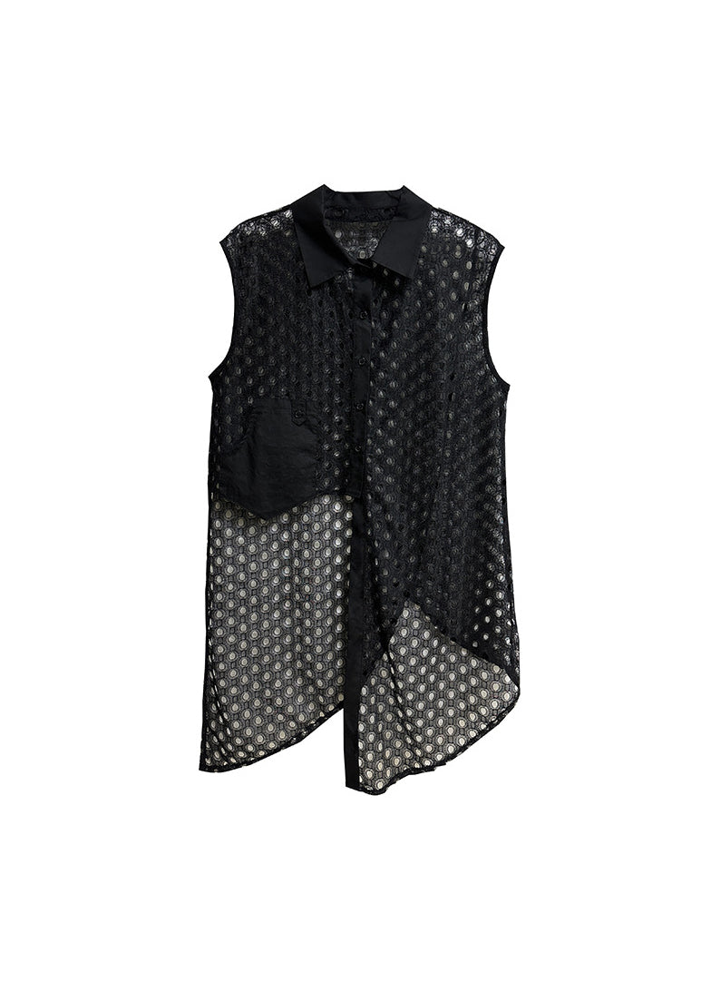 Stylish Black Peter Pan Collar Asymmetrical Hollow Out Cotton Shirts Summer