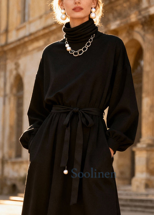Stylish Black Turtleneck Lace Patchwork Long Dress Spring