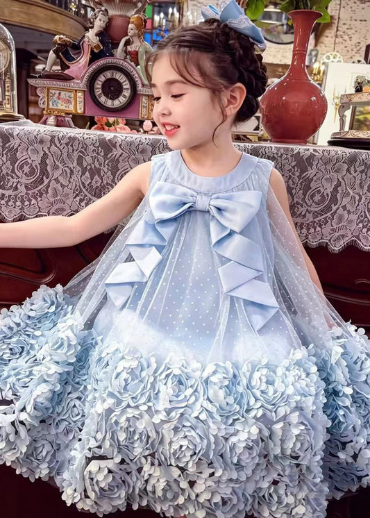 Stylish Blue Floral Big Bow Tulle Baby Girls Maxi Dress Summer