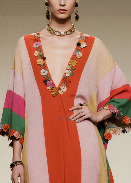 Stylish Colorblock Oversized Floral Cotton Long Dress Summer
