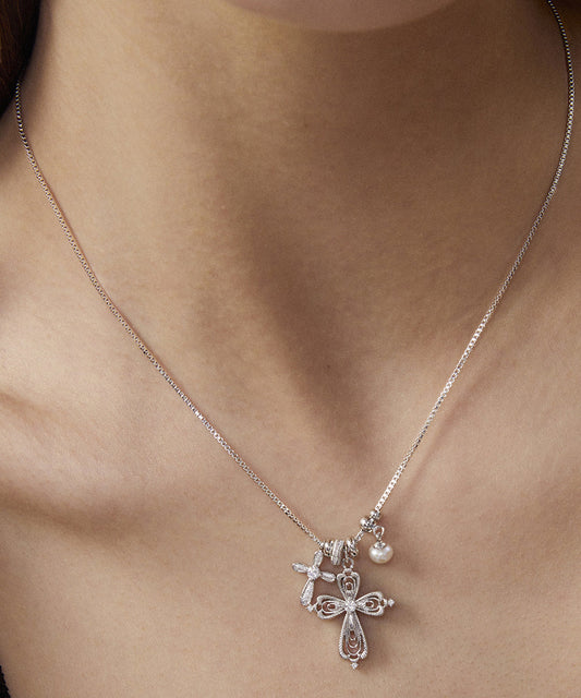 Stylish Lighg Gold Copper Overgild Pearl Zircon Cross Pendant Necklace