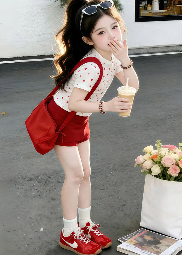 Stylish O-Neck Dot Print Girls Top And Pants Skirt Two Pieces Set Summer