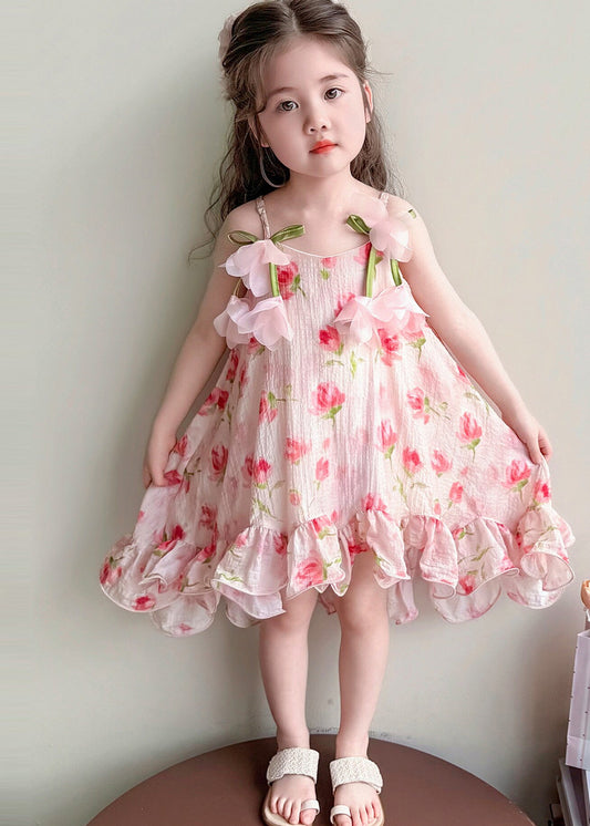 Stylish Pink Ruffled Floral Cotton Baby Girls Mini Dress Summer