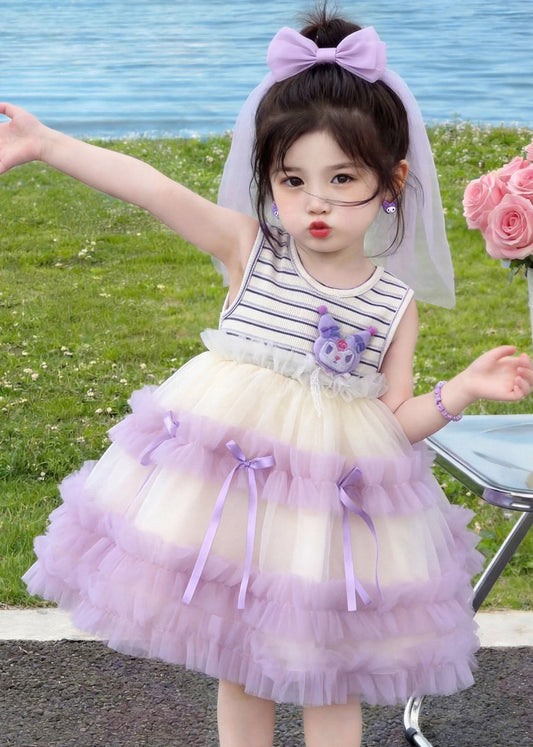Stylish Purple Striped Patchwork Tulle Kids Girls Kuromi Dresses Summer