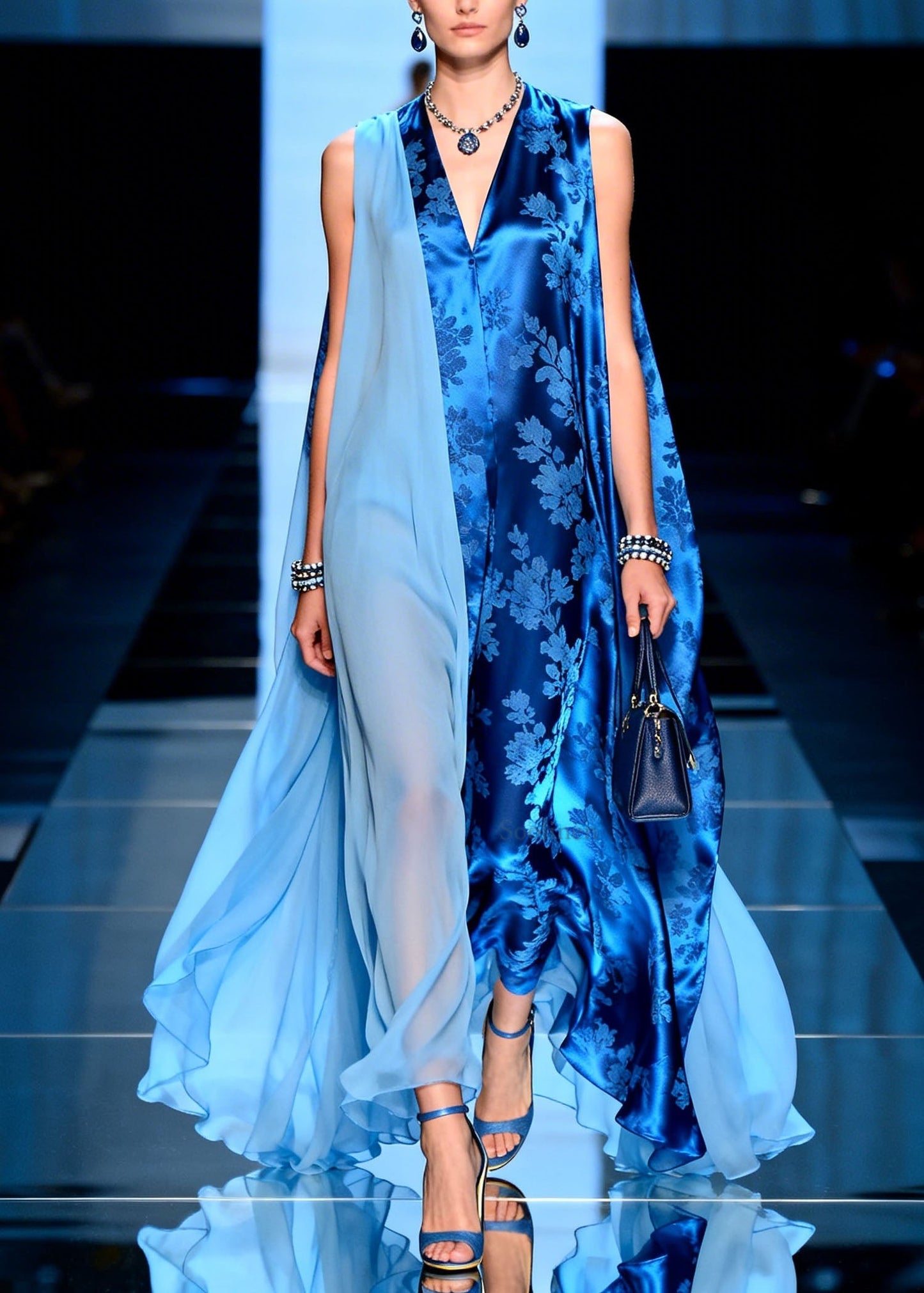 Stylish V Neck Asymmetrical Design Patchwork Chiffon Dresses Sleeveless
