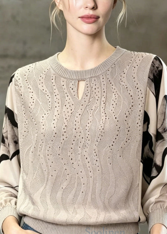 Unique Grey O Neck Chiffon Print Patchwork Knit Top Spring