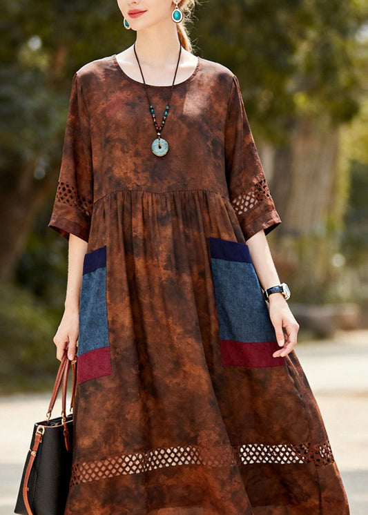 Unique O Neck Print Patchwork Cotton Dress Summer