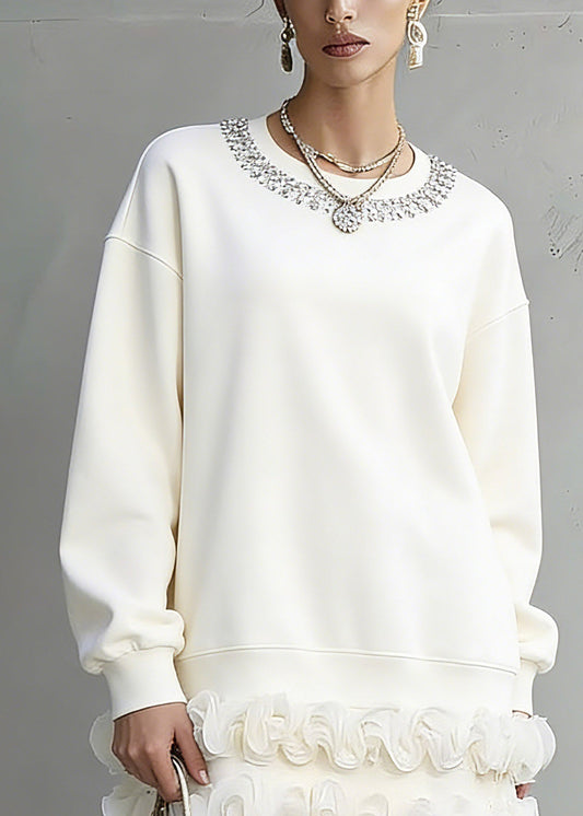 Unique White O-Neck Zircon T Shirts Lantern Sleeve