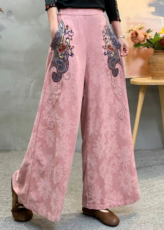 Vintage Beige Embroidered Jacquard Draping Cotton Pants Spring