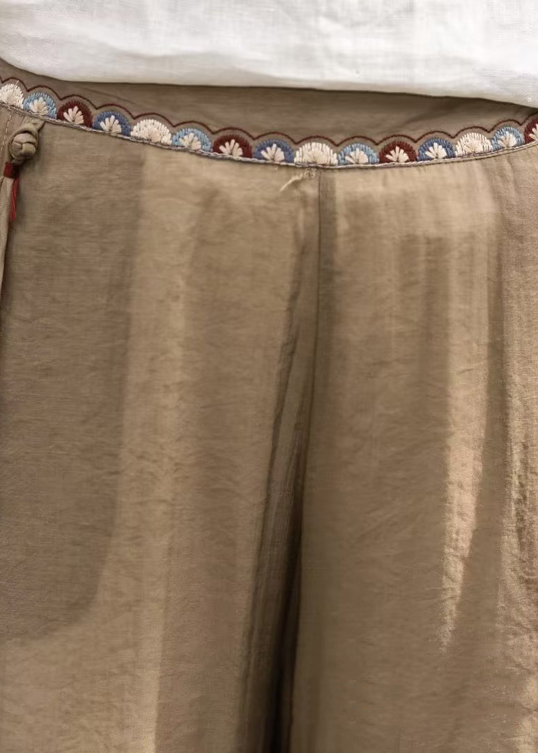 Vintage Brown Embroidered Tasseled Linen Wide Leg Pants Summer