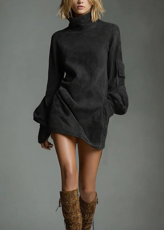 Vintage Brown High Neck Faux Suede Mid Dress Lantern Sleeve