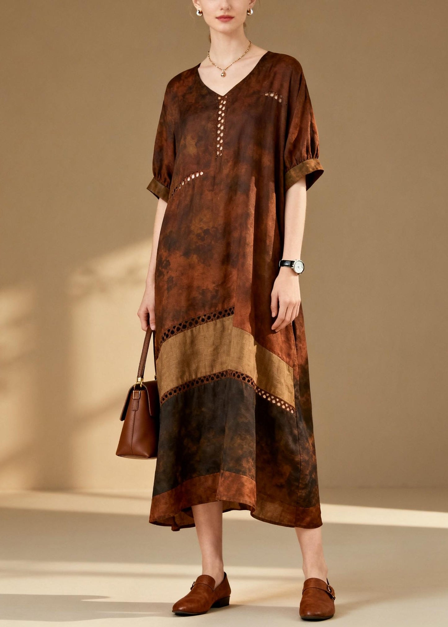 Vintage Brown Tie Dye Patchwork Hollow Out Cotton Dress Summer