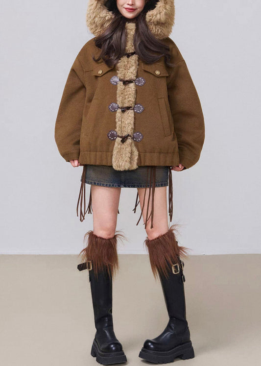Vintage Coffee Hooded Fluffy Patchwork Cotton Filled Parkas Winter