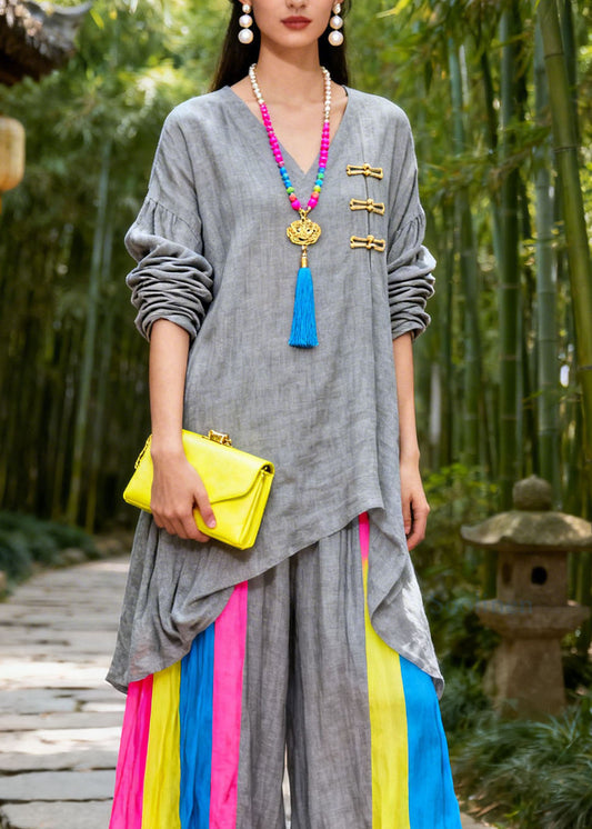Vintage Colorblock V Neck Patchwork Cotton 2 Piece Outfit Summer