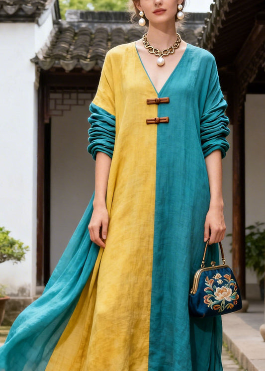 Vintage Colorblock V Neck Patchwork Cotton Dress Summer