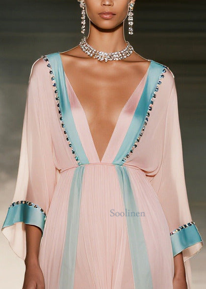 Vintage Pink Patchwork Side Open Chiffon Maxi Dress Summer