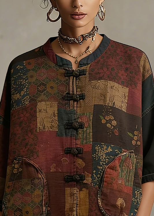Vintage Print Button Patchwork Cotton Coat Long Sleeve