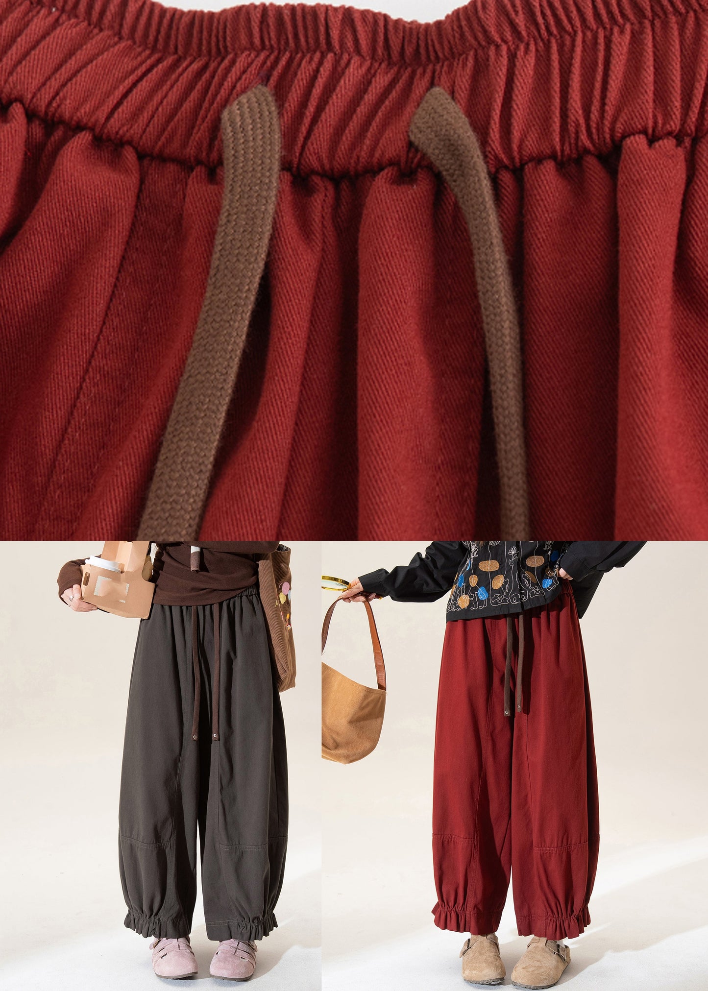 Vintage Red Ruffled Patchwork Solid Straight Pants