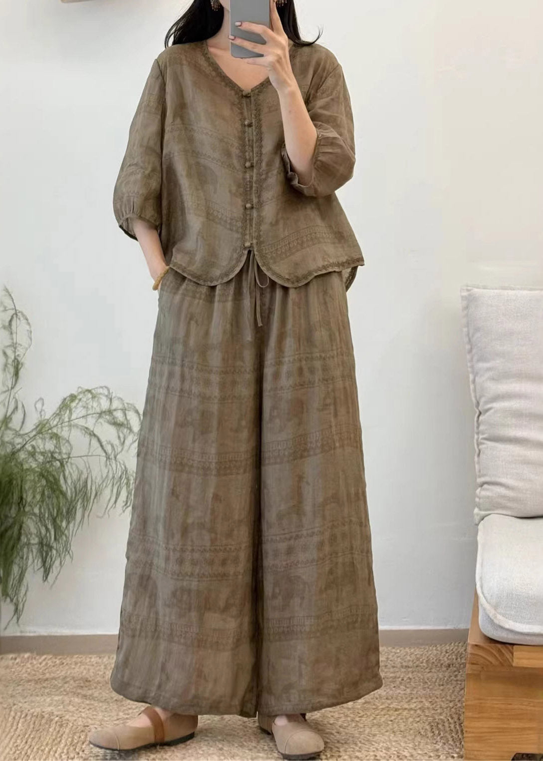 Vintage Red V Neck Patchwork Linen Shirt And Wide Leg Pants Two Pieces Set Summer