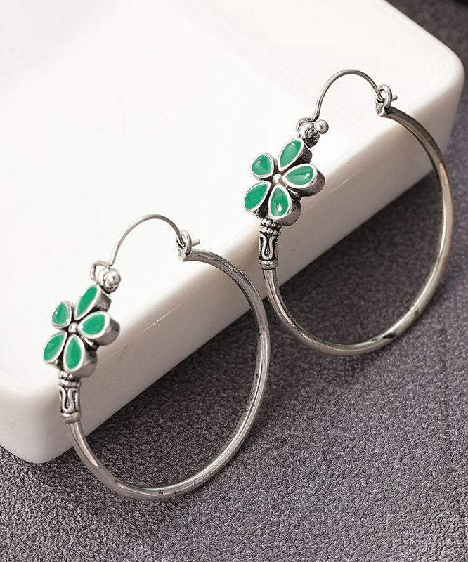 Vintage Silk Sterling Silver Five Petal Flower Hoop Earrings