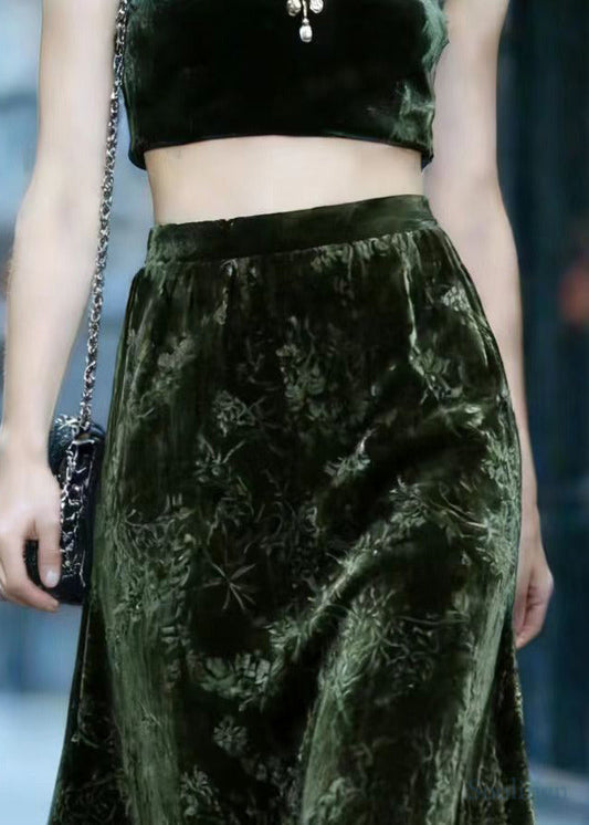 Vintage Tea Green Oversized Jacquard Silk Velvet Skirts Spring