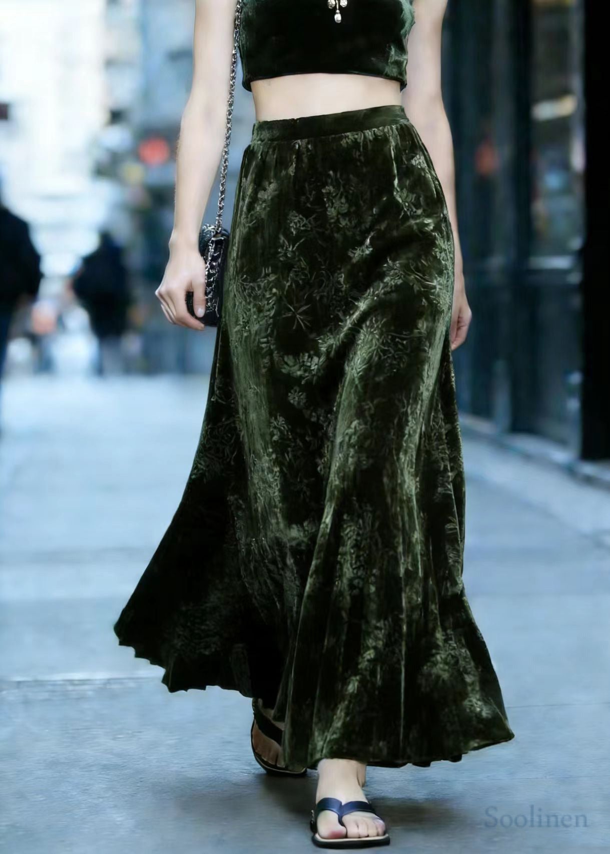 Vintage Tea Green Oversized Jacquard Silk Velvet Skirts Spring