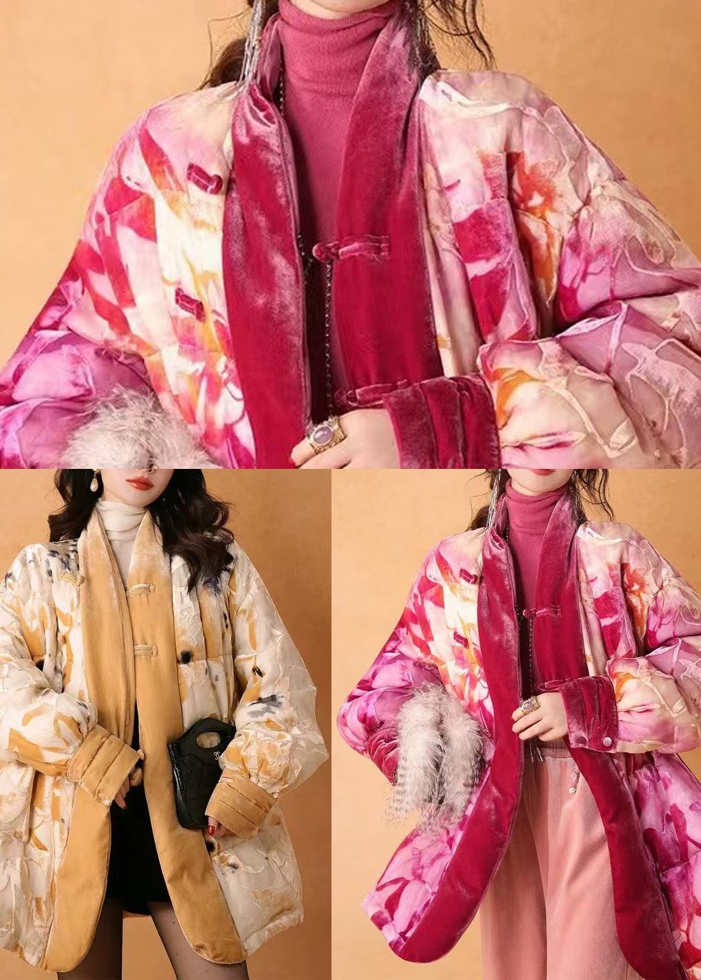 Vintage Yellow Print Warm Duck Down Silk Velour Jacket Winter