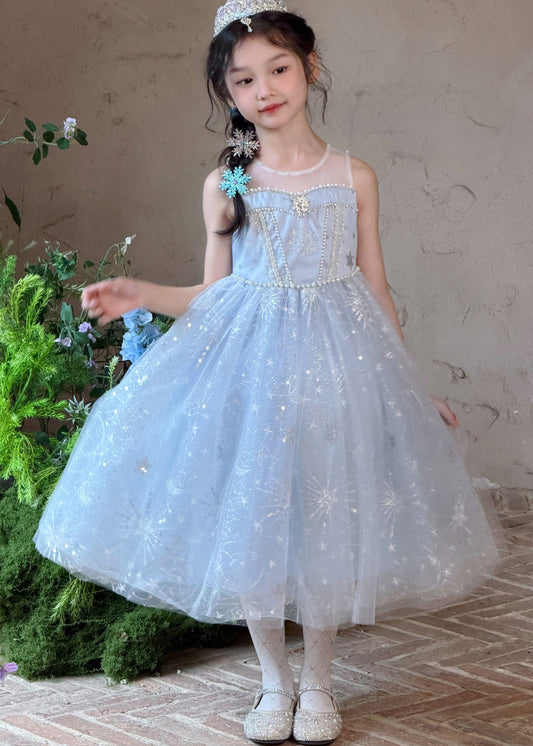 Vogue Blue O-Neck Pearl Tulle Girls Long Dress And Shawl Two Piece Set Summer