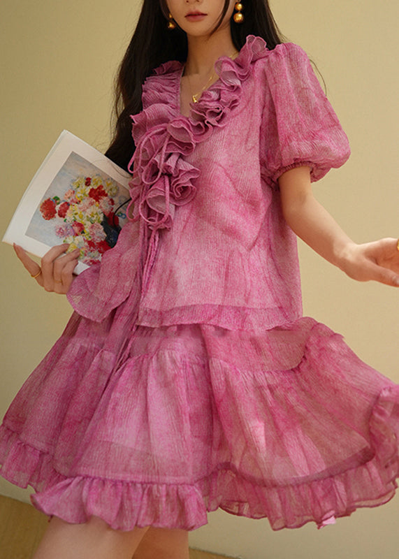 Vogue Red V Neck Ruffled Shirts And Skirts Two Piece Set Summer