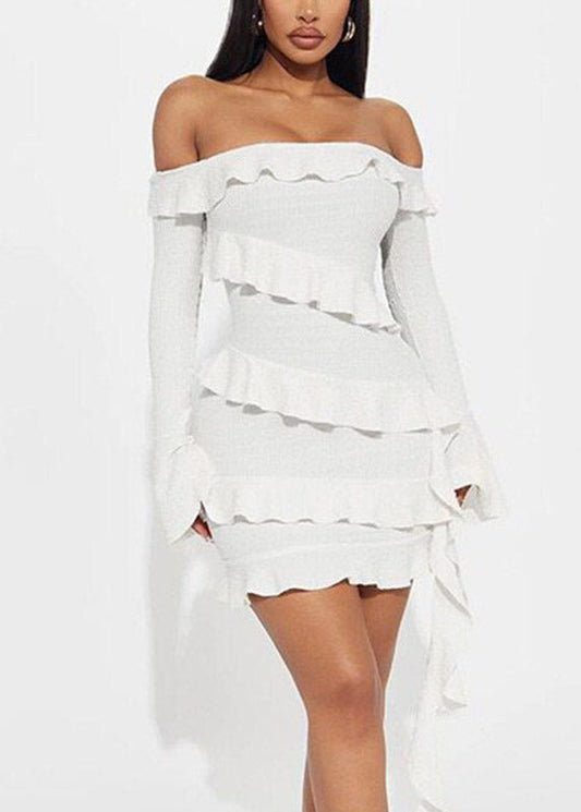 White Cold Shoulder Patchwork Ribbon Mid Dress Long Sleeve