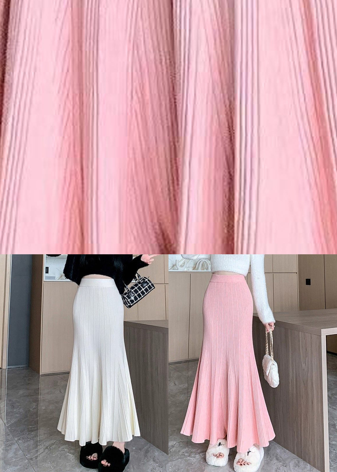 White High Waist Patchwork Solid Knit Maxi Skirt