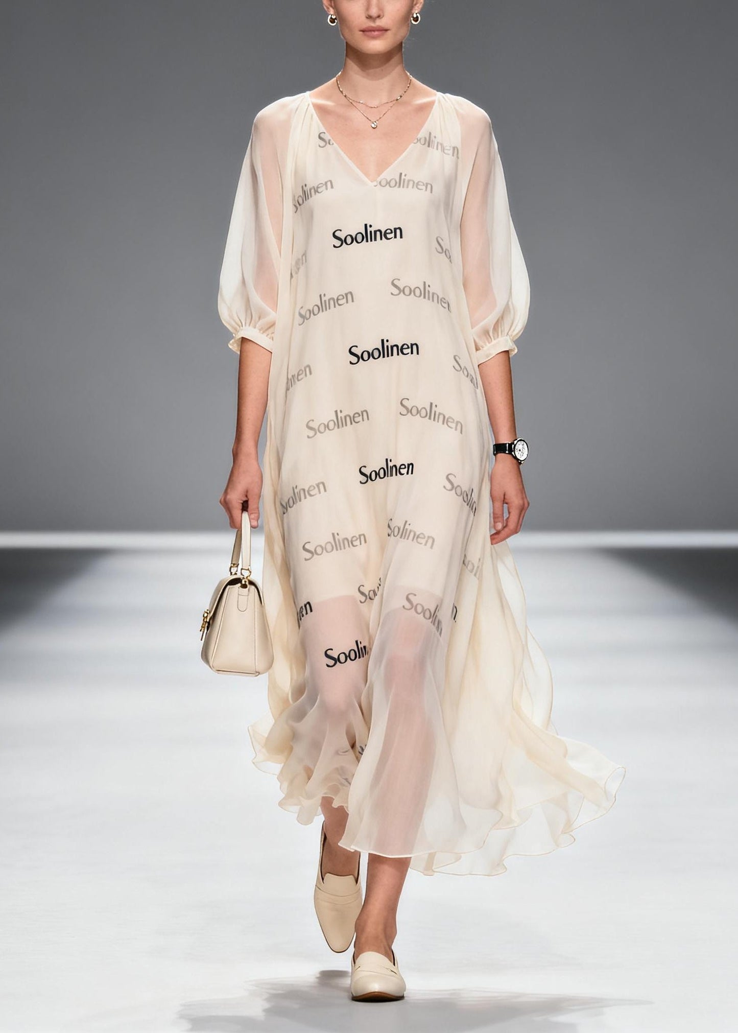 Women Apricot V Neck Print Chiffon Maxi Dress Summer