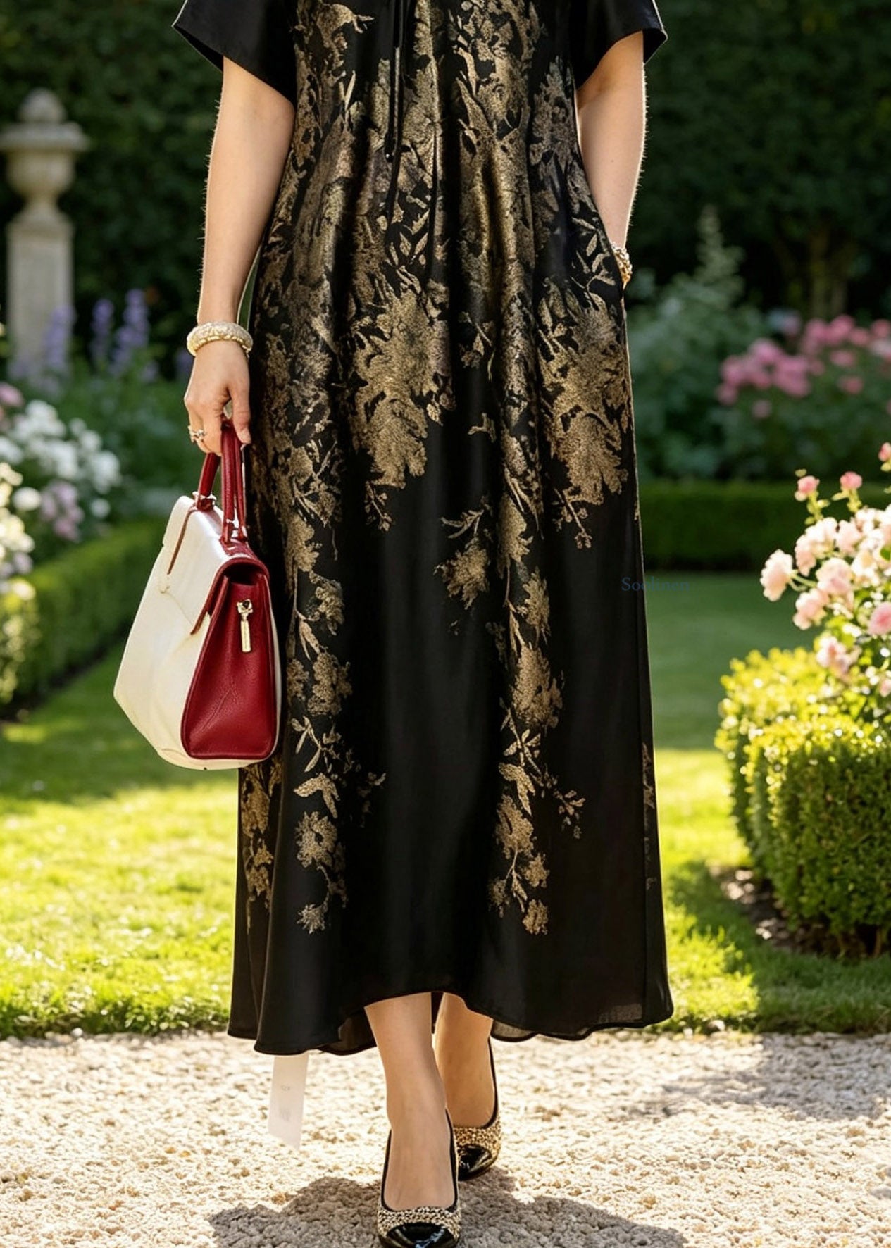 Women Black Gold V Neck Wrinkled Patchwork Silk Long Dresses Summer