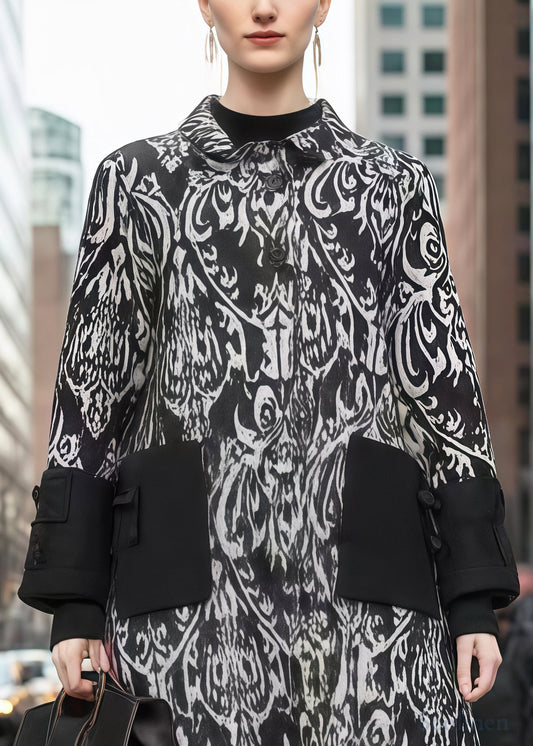 Women Black Print Patchwork Warm Fleece Woolen Trench Winter