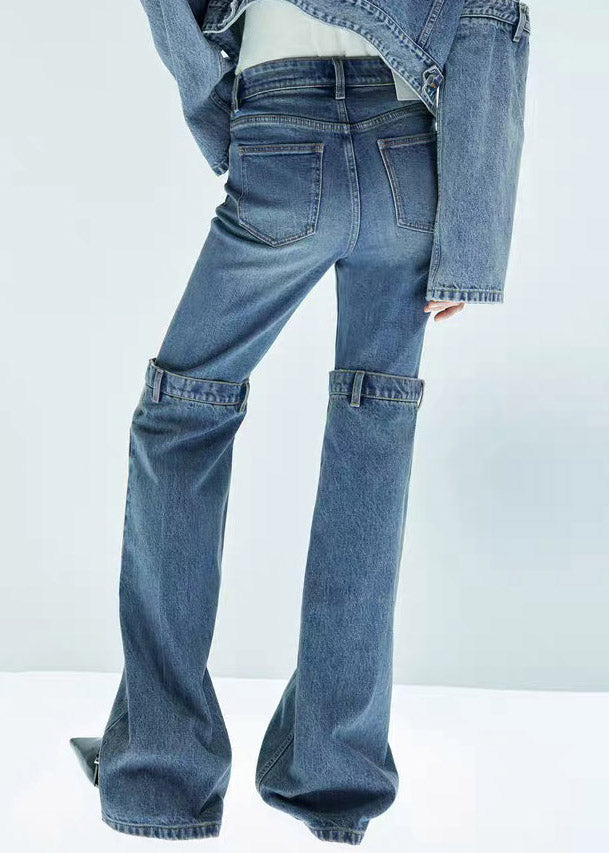 Women Blue High Waist Patchwork Flared Jeans Spring