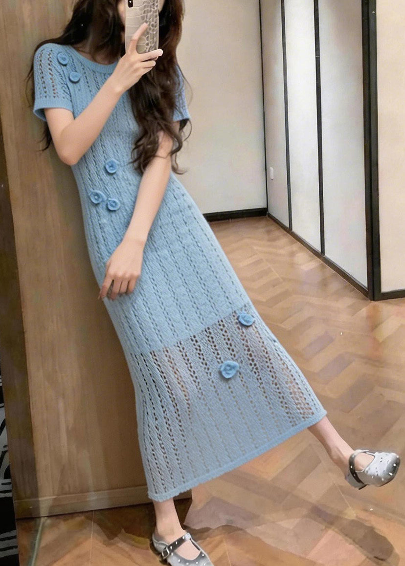 Women Blue Hollow Out Floral Knit Ankle Dress Summer