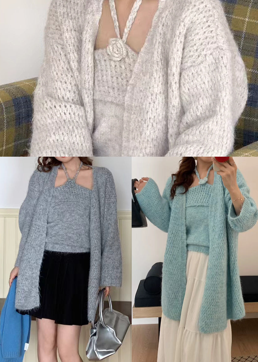 Women Blue Oversized Floral Decorated Knit Two Pieces Set Winter