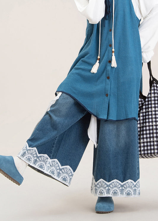 Women Blue Oversized Patchwork Lace Denim Wide Leg Pants Spring